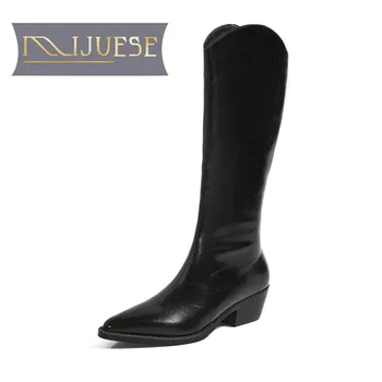 

MLJUESE 2021 women Knee-High boots Cow leather winter short plush Pointed Toe Zipper Med heels female Western boots size 40