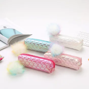 

1 Pcs Kawaii Pencil Case Colorful Fish Scale Sequins Hair Ball Plush Pencil Bags for Girls Storage Organizer Student Stationery