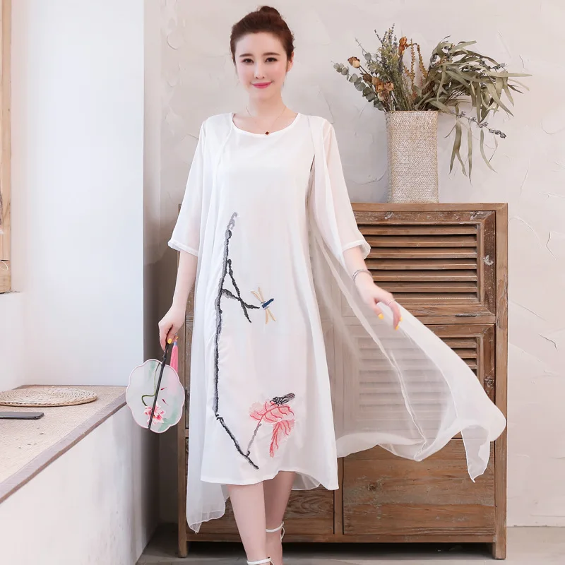 

2019 Two-Piece Set Embroidery Dress Women's Summer Ethnic Embroidery Literature And Art Retro Slimming Medium-length Dress