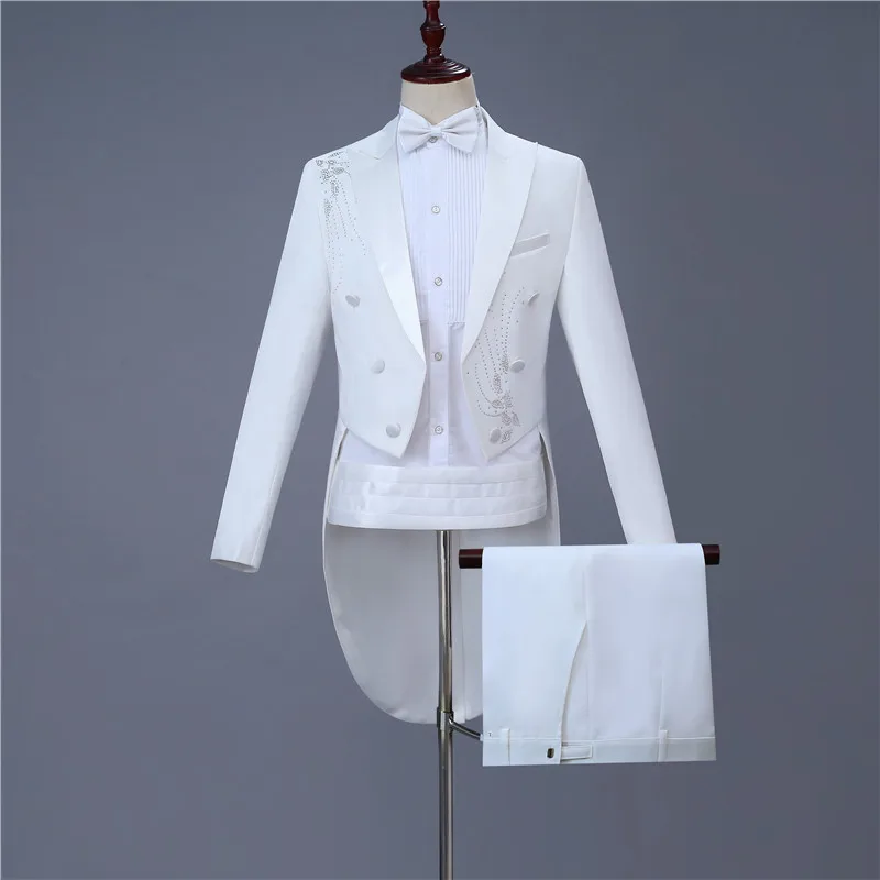 Fashion Men's White Lapel Tuxedo Wedding Groom Stage Singer 2 Piece Set Inlay Diamond Slim Casual Suit Set(Tail jacket+Pant