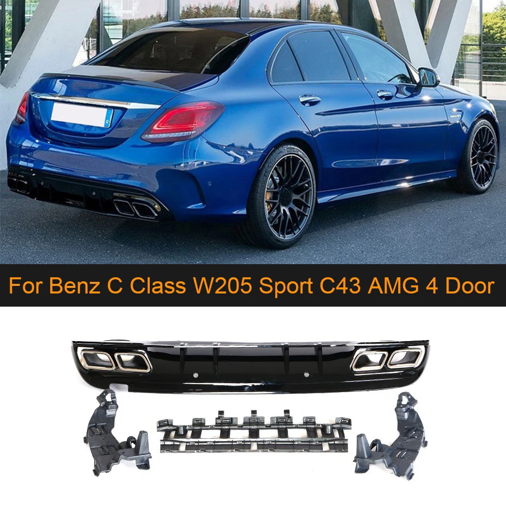 

Car Rear Bumper Diffuser Lip Spoiler for Mercedes Benz C Class W205 Sport C200 C300 C400 C43 AMG 14-18 4 Door with Exhaust Tips