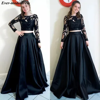 

Two Pieces 2020 Prom Dresses Long Sleeves Lace Appliques Illusion A-Line Graduation Evening Party Gowns Robes De Soriee