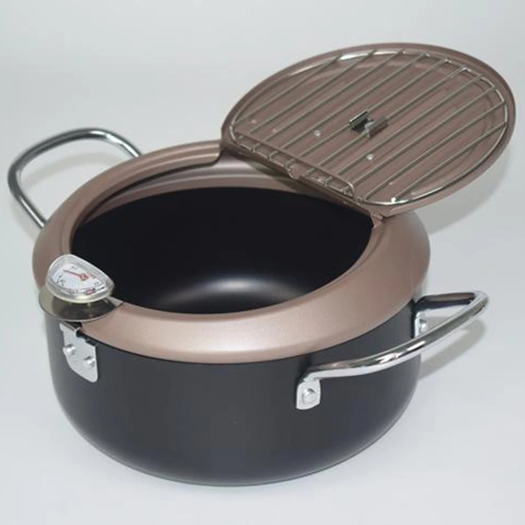Frying Pan with thermometer Round Deep Fryer Pot Drainer Kitchen Cooking Pan