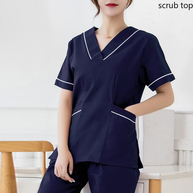 Women Scrub Top Plug Size Medical Uniforms V-Neck Spa Uniforms Short Sleeve Nursing Workwear Doctor Overalls Veterinary Cotton NAVY BLUE TOP