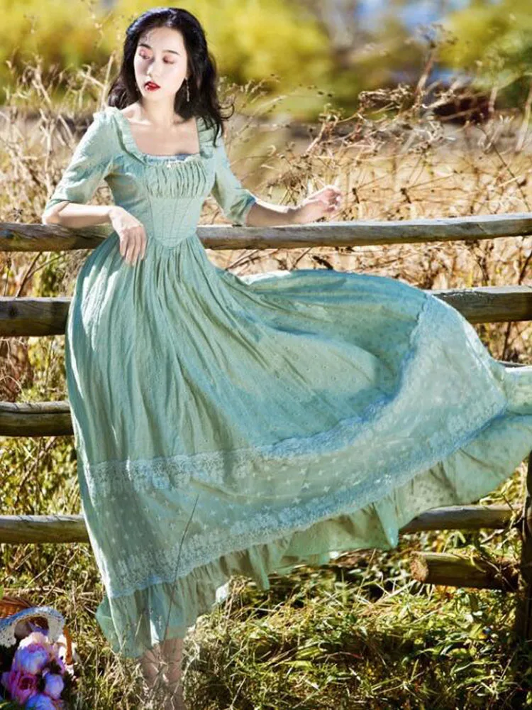 

High quality 2019 Summer New Arrival Elegant Square Collar Fashion Short Sleeve Solid Color Long Lace Cotton Dress E367