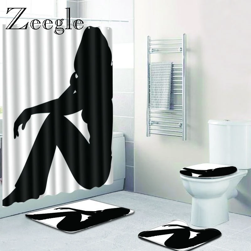 Zeegle 4Pcs Cartoon Bathroom Mat and Shower Curtain Set Bath Mat for Home Decor Toilet Seat Cover Non-Slip Bath Mat Carpet Set