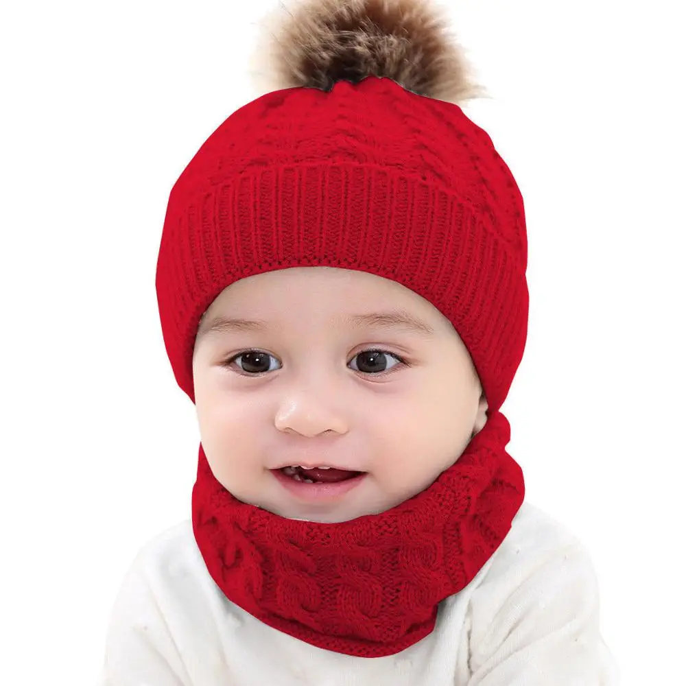2 шт малыш мальчик девочка зима череп шапка набор шапки и шарфа Дети Девочки Мальчик мягкий теплый мех с помпоном-кисточкой вязаные шапочки шапки s - Цвет: Красный