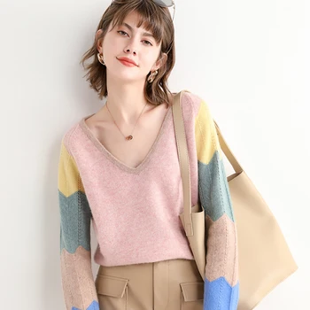 

High-Quality V-Neck Knitted Wool Sweater Stitching Soft Cashmere Sweater Color Striped Knitted Women's Commuter Ethnic Pullovers