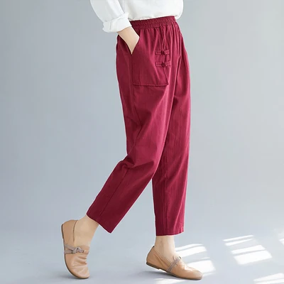 

Summer Retro Button Cotton And Linen Women Harem Pants Elastic Waist Plus Size 3xl White Black Wine Red Loose Trousers Streetwea