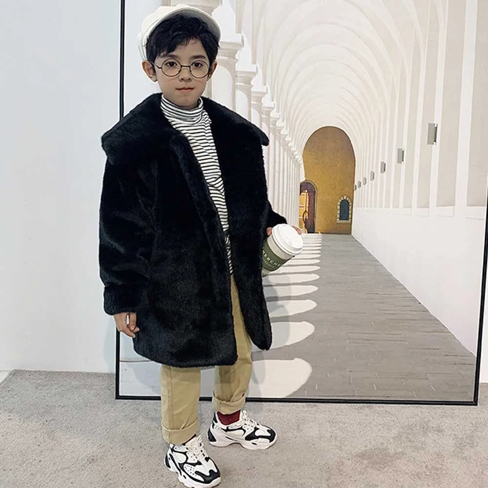TXJRH Stylish Kids Toddler Son Mother Faux Fur Furry Lapel Cute Winter Thick Keep Warm Coat Long Sleeve Long Jacket Outwear Top - Цвет: Black Daughter Son