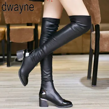 

2019 Fashion PU Leather Over Knee Boots Women Sequined Toe Elastic Stretch Thick Heel Thigh High Riding Winter Boots Size 785ui