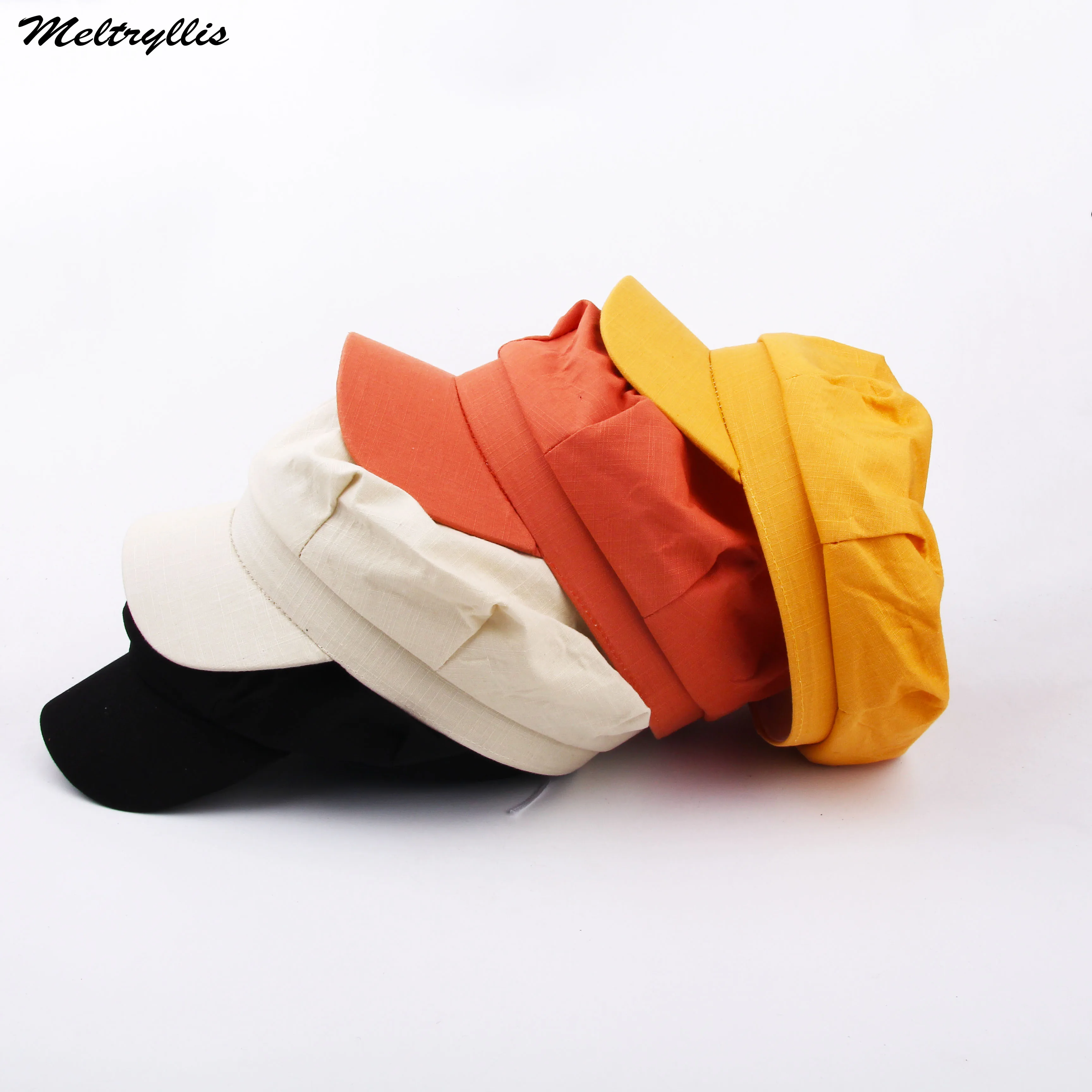 

[Meltryllis] New Fashion Military Hat spring Summer Linen Octagonal Cap Solid Color Flat Top Military Cap Young Student Hat