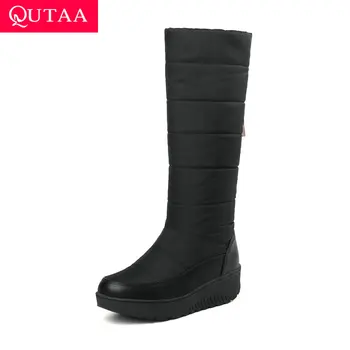 

QUTAA 2020 Snow Boots Warm Fur Platform Height Increasing Slip on Women Elastic Elegant Round Toe Mid Calf Boots Size 35-43
