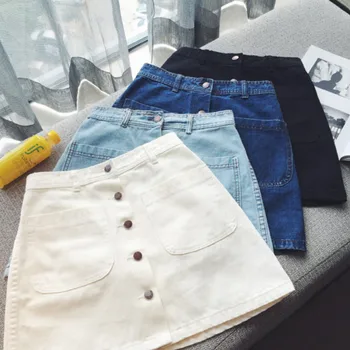 

Simple Casual Denim Skirt Women Loose Button High Waist Mini Skirt Ladies Korean Fashion Slim White Black Skirts Female
