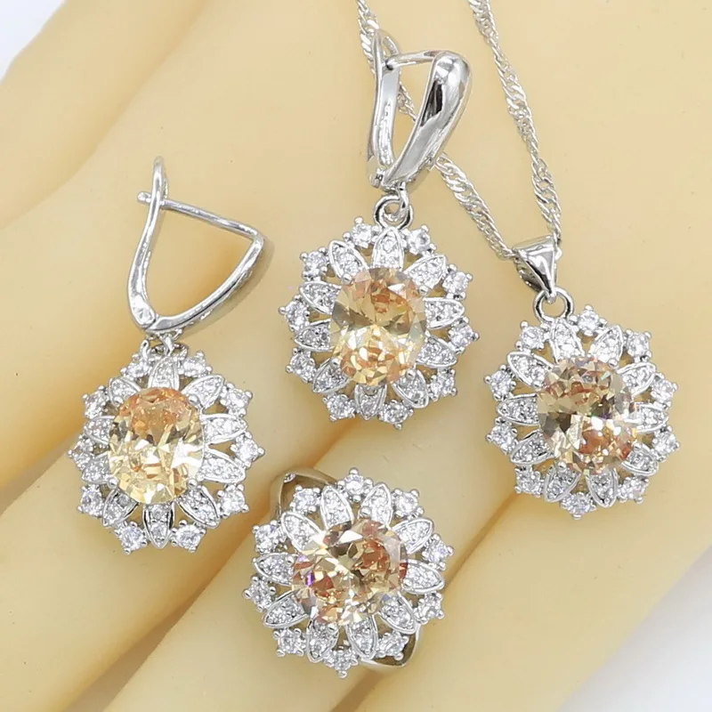 Свадебные Ювелирные наборы для женщин, оранжевое циркониевое 925 серебряное ожерелье, подвеска, серьги, кольцо, браслет, подарок на день рождения - Окраска металла: 3PCS