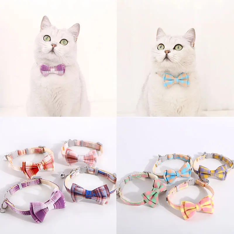 Cute Plaid Bow Cat Collar with Bell Cotton Bowknot Kitten Necklace Safety Buckle Adjustable Neck Tie For Dogs Cat Accessories