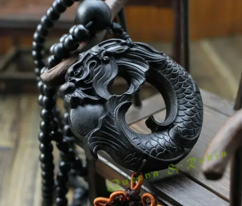 

Black Wood Carving Chinese Fengshui Dragon Sculpture Prayer Beads Car Pendant