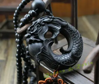 

Black Wood Carving Chinese Fengshui Dragon Sculpture Prayer Beads Car Pendant
