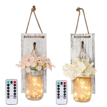 

2pcs/set ins Hot Wall Light White Wooden Board Mason Jar Sconces Upgrade Remote Control Function Waterproof DIY Home Wall Decor