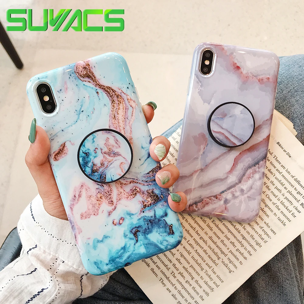 

SUYACS Classical Marble Flexible Stand Holder Case For iPhone XR XS Max X 8 7 Plus 6 6S Plus Full Body Soft IMD Phone Back Cover
