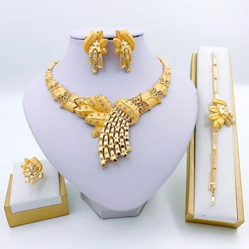 

Nigerian Fashion Jewelry Sets Women Birthday Gift Leaf Shape Necklace Crystal Bracelet Earrings Ring Party African Jewelry Set
