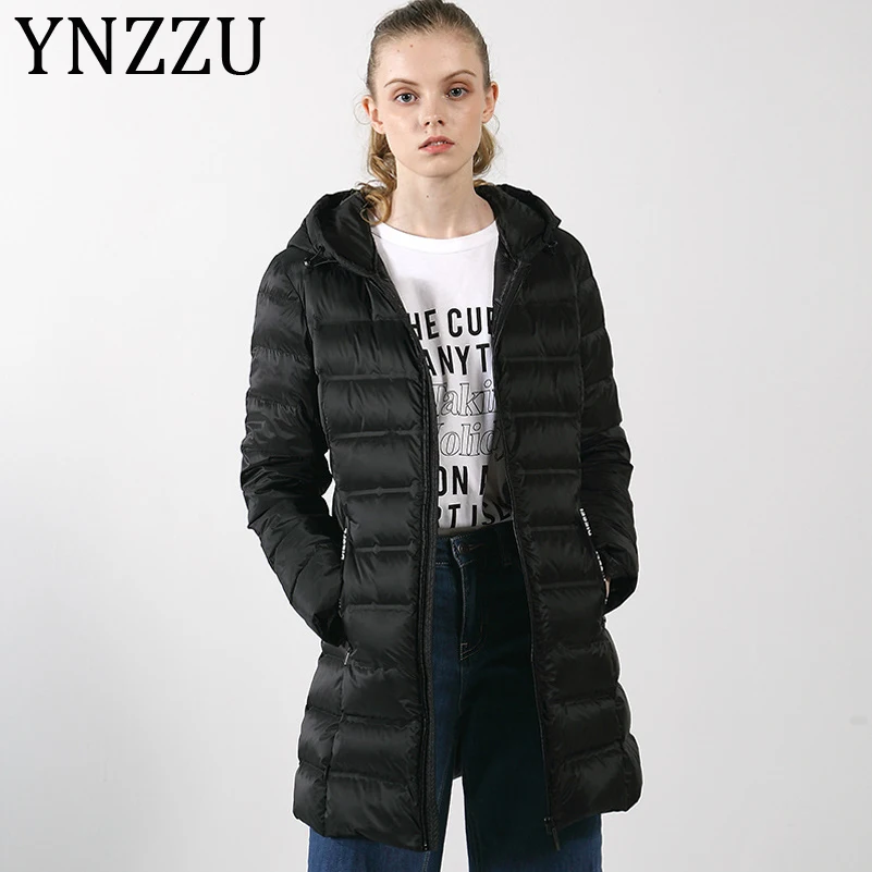 

YNZZU Ultra Light Hooded Warm Winter Jacket Women 2019 Autumn Casual Mid-Long Slim Female White Goose Down Coat Plus Size A1096