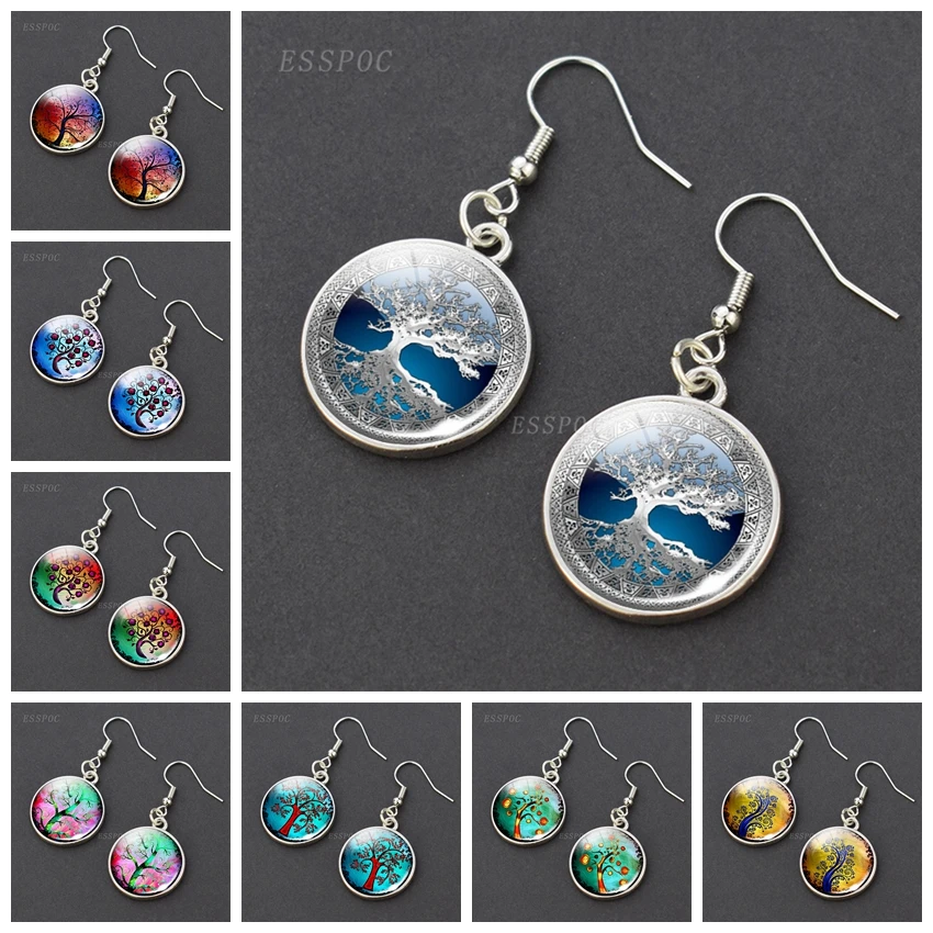 

Tree of Life Glass Cabochon Drop Earrings Silver Plated Dangle Earrings Tree of Life Earrings Jewelry Gifts for Her