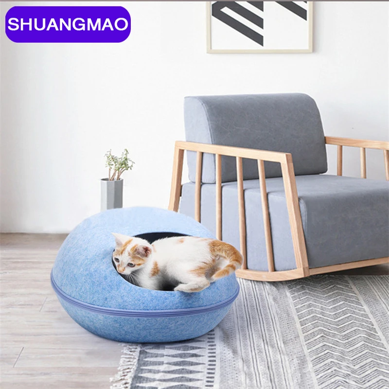 Cat Bed Pet Egg Shape Cave Sleeping Bag Zipper Kennel Felt Cloth Basket