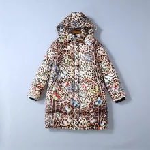 Европейская и американская женская одежда осень стиль длинный рукав с капюшоном леопардовый принт бабочка модный пуховик