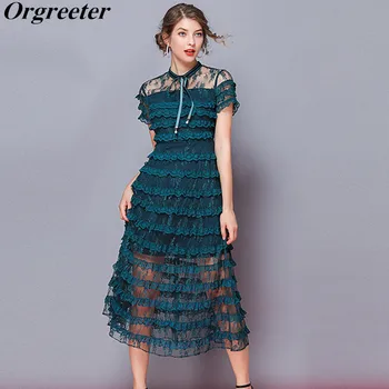 

Termperament Retro Fashion Long Lace Dress Women's Gorgeous Lace Mesh Patchwork Multi-layer Ruffles Cake Dress Maxi Party Dress