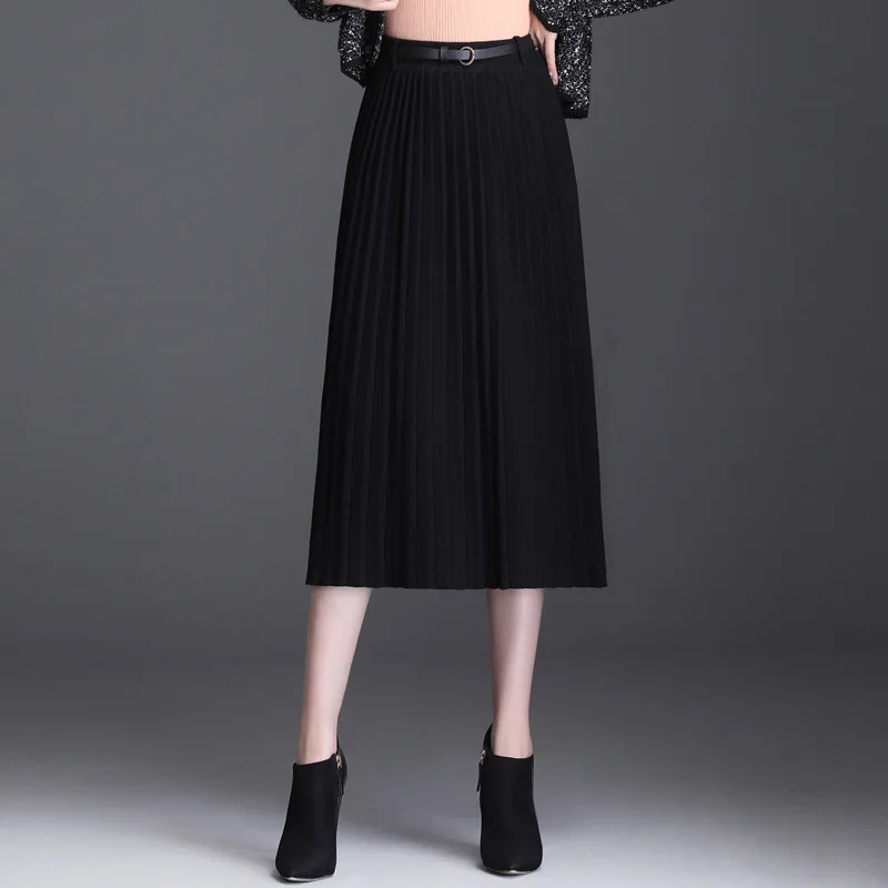 Вязаные женские юбки, Осень-зима, высокая талия, толстая, средней длины, плиссированная, Офисная Женская юбка, элегантные однотонные юбки до середины икры, 635