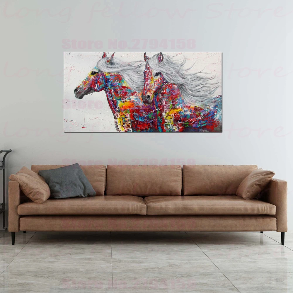 Seven Running White Horse Animals Canvas Painting Wall Art Picture For