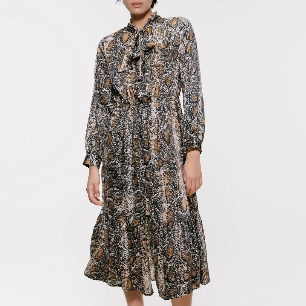 

2019 Autumn and Winter New Snake Print Dress Women A-Line Bow Korean Style Street Fashion Long Sleeve Midi Dress