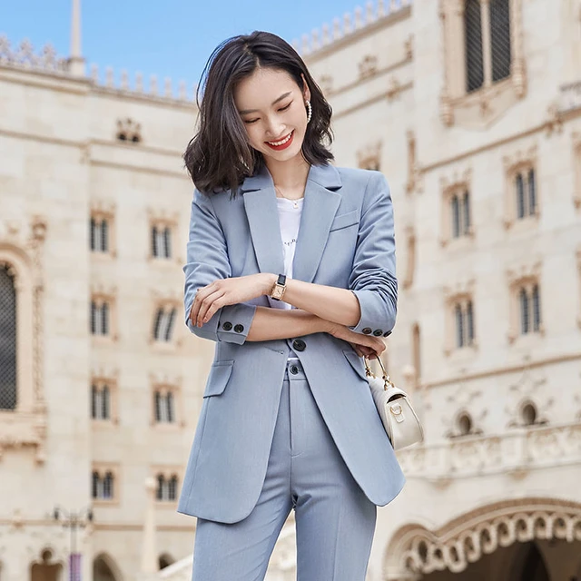 Costume Femme 2 Pièces Tailleur Femme Ensemble Pantalon et Veste Blazer  Chic et Elegant Couleur Unie Slim Fit Formel Bureau Bleu