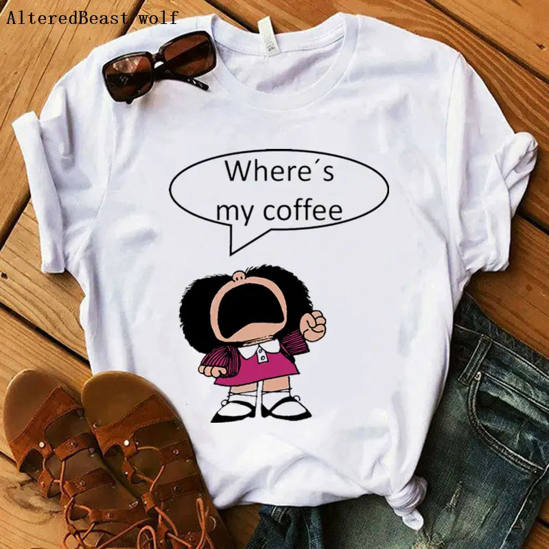 Рождественская футболка с милым принтом Mafalda, женские топы с коротким рукавом, Повседневная футболка для девочек, модная футболка с круглым вырезом, harajuku, белая одежда - Цвет: as picture