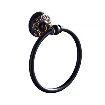 

European style black carved towel shelf for bathroom round Aluminum washroom towel ring wall mounted