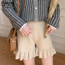 Women Knitting Shorts Ruffles High Elastic Waist Solid Sweet Girls Elegant Tender Trousers Lovely All-match Stretchy Retro Cozy