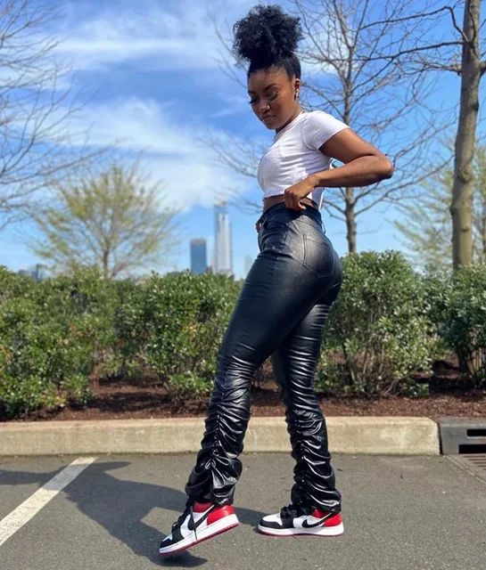 Stacked Leather Joggers Sexy Women Solid Casual Black Flare Ruched High  Street Pants - Leggings - AliExpress