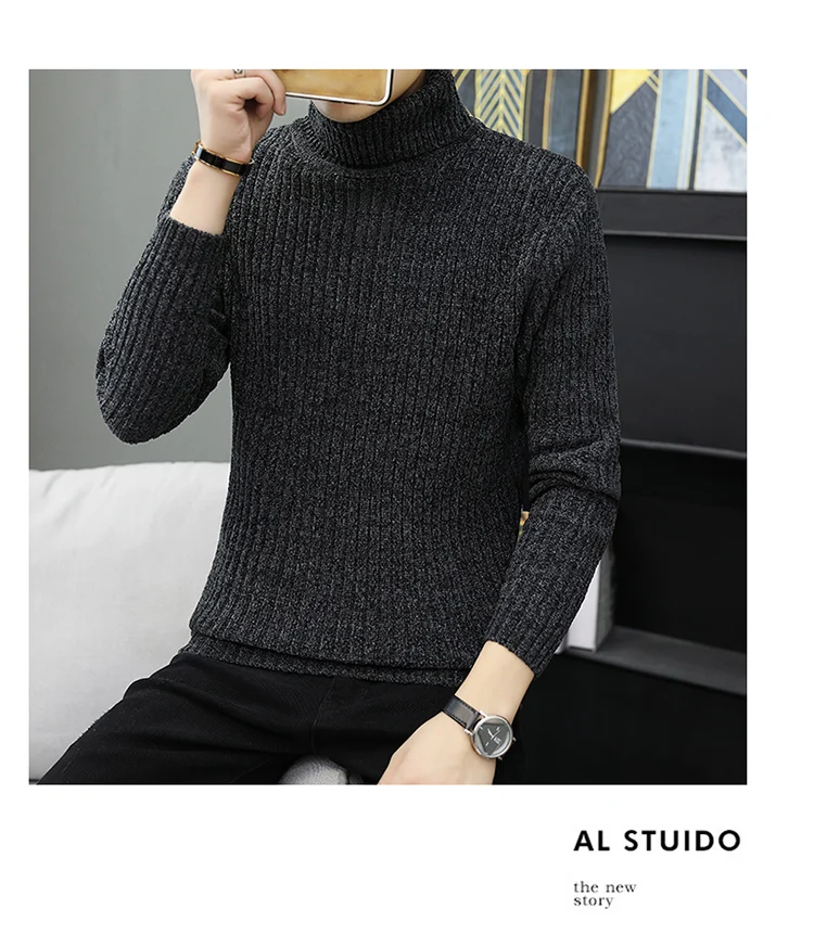 High Quality Warm Turtleneck Sweater Men Fashion Solid Knitted Mens Sweaters Casual Slim Pullover Male Double Collar Tops