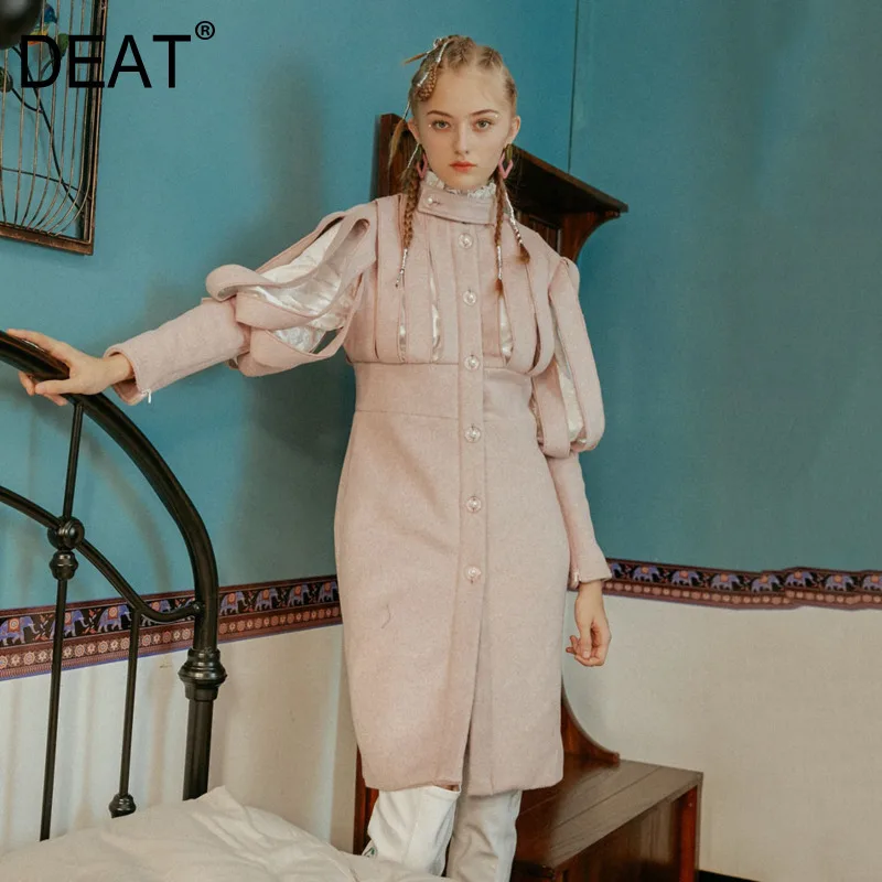 

DEAT 2020 New Spring Solid Color Single Breasted Mid-length Coat Women Vintage Loose Fake Two Turtleneck Woolen Coat Tide PD682
