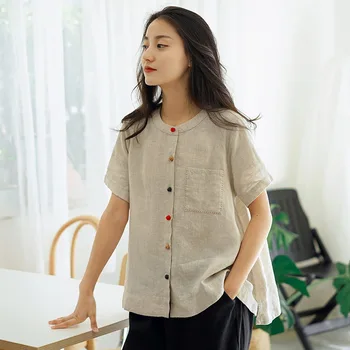 

[EWQ] New Pattern Spring Summer 2020 Round Collar Short Sleeve Solid Colors Patchwork Single Breasted Casual Shirt Women 3AJ073