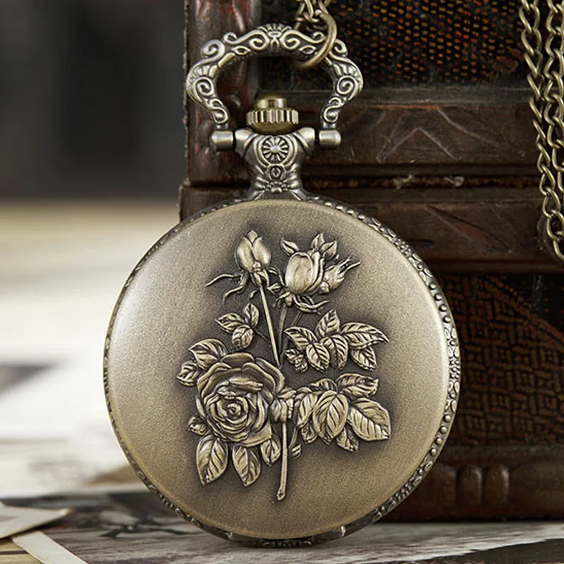 flower pocketwatch Flower Rose Pocket Watch Fob Clock with Chain Blossom Engraved Clock Men Blossom Bronze Case Watch Vintage Watches for Men Women - Цвет: flower pocketwatch