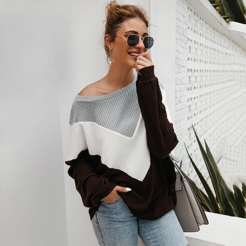 

Missufe Autumn Winter Warm Knitted Sweaters Women Patchwork Tops Casual Loose Pullover Long Sleeve Black Sweater Woman Clothes