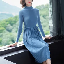 Осень и зима новые продукты сплошной цвет водолазка пуловер свитер платье со шнуровкой свободный крой Высокая талия плиссированное платье W
