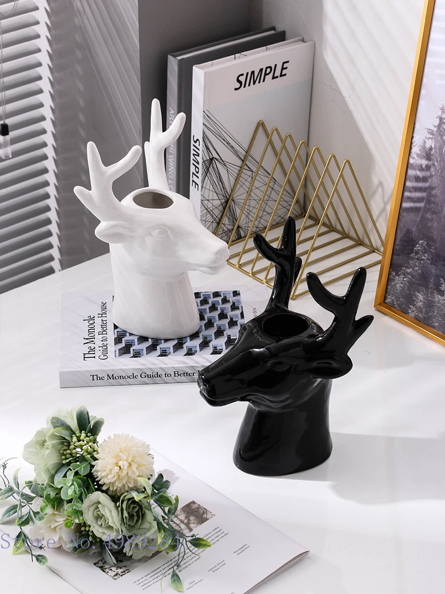 Creative Ceramic Vase Deer Head Elk Animal Head Simulation Animal Ceramic Crafts Flower Arrangement Flower Vase Home Decoration 5
