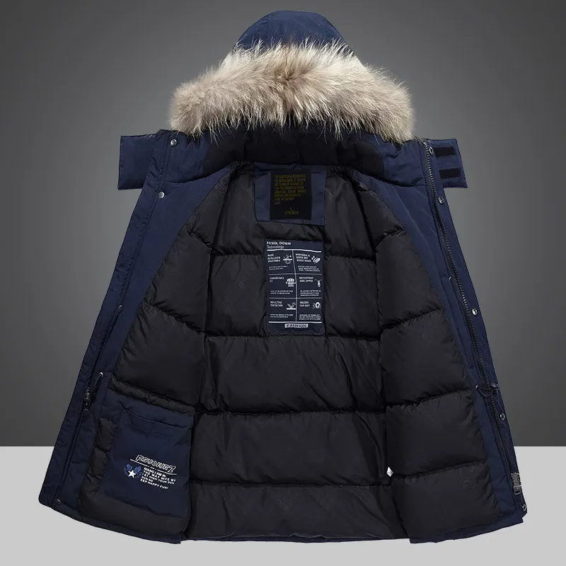 2021 Winter Men's Fashion Casual Down Jacket Mid-length Thick White Duck Down Warm Hooded Large Fur Collar Jacket