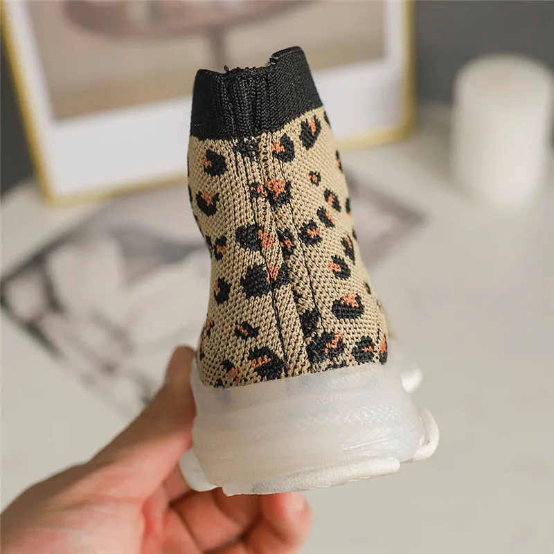Kids High Top Sneakers 2020 New Spring Autumn Boys Girls Socks Shoes Leopard Print Child Student Slip-on Running Shoes Soft Sole