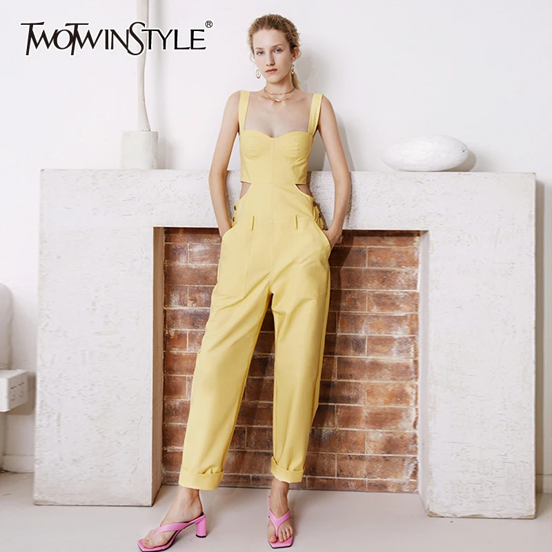 TWOTWINSTYLE Yellow Hollow Out Jumpsuit 