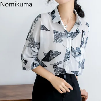 

Nomikuma Vintage Turn Down Collar Short Sleeve Blouse Geometric Print Loose Shirts Women Summer New Clothes Tops Female 3a034