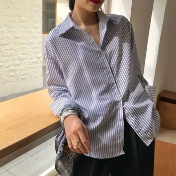 

2020 Summer Japanese Style Black Blue Striped Casual Shirts Women Turn Down Collar Long Sleeve Loose Oversized Korean Blouse